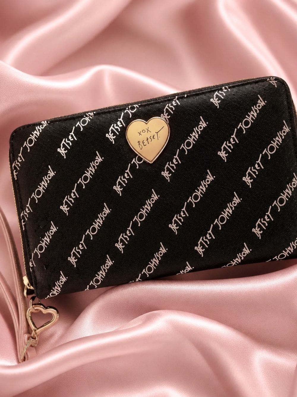 Betsey Johnson Black Wristlet with Gold Heart Accent